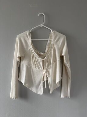 Cream Lace-Trim Tie-Front Long Sleeve Crop Top